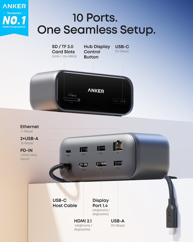 10-in-1 Desktop USB-C Hub (Dual 4K, Smart Display)